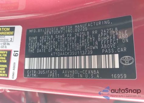 2025 Toyota Camry Le из США, поврежденный, VIN 4T1DAACK3SU113739